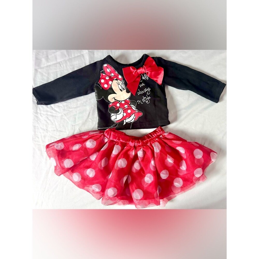 Disney Baby Minnie Mouse Newborn 2-Piece Outfit Black Top Red Polka Dot Tutu